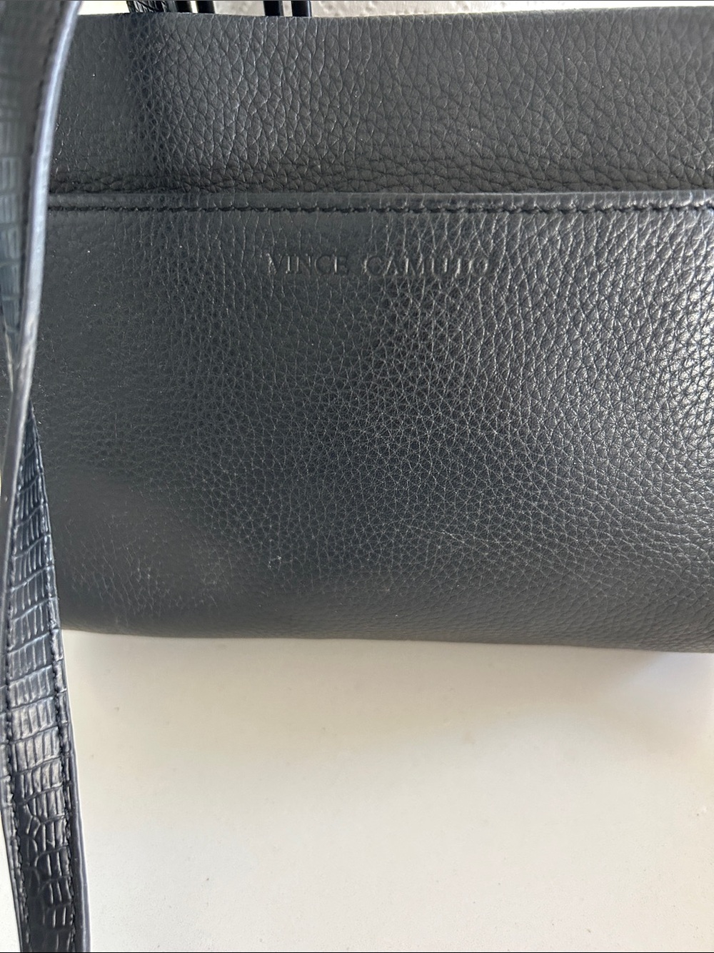 Vince Camuto Black Pebbled Leather Tote with Croc-Embossed Strap